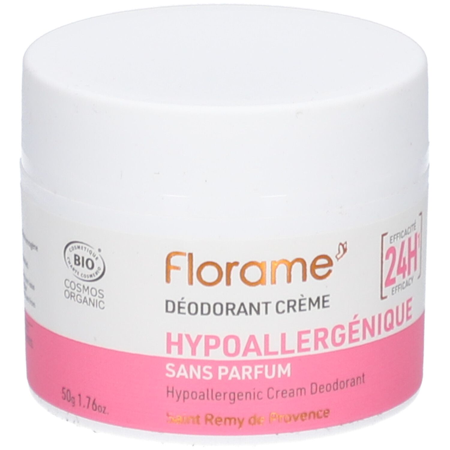 Witte pot met roze etiket. Opschrift: FLORAME, Déodorant Crème, Hypoallergénique, Sans Parfum. 24H werkzaamheid.