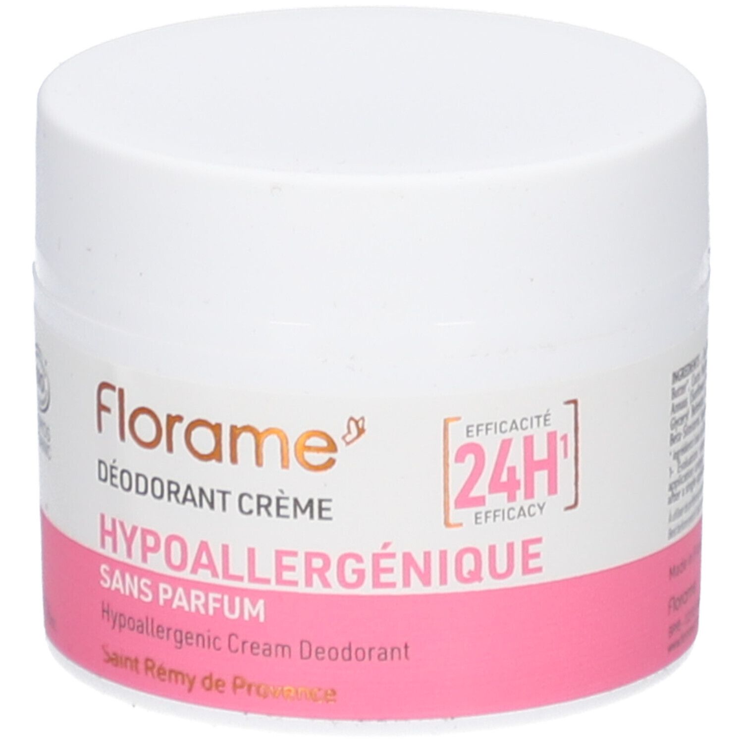 Witte pot met roze etiket. Opschrift: FLORAME, Déodorant Crème, Hypoallergénique, Sans Parfum. 24H werkzaamheid.