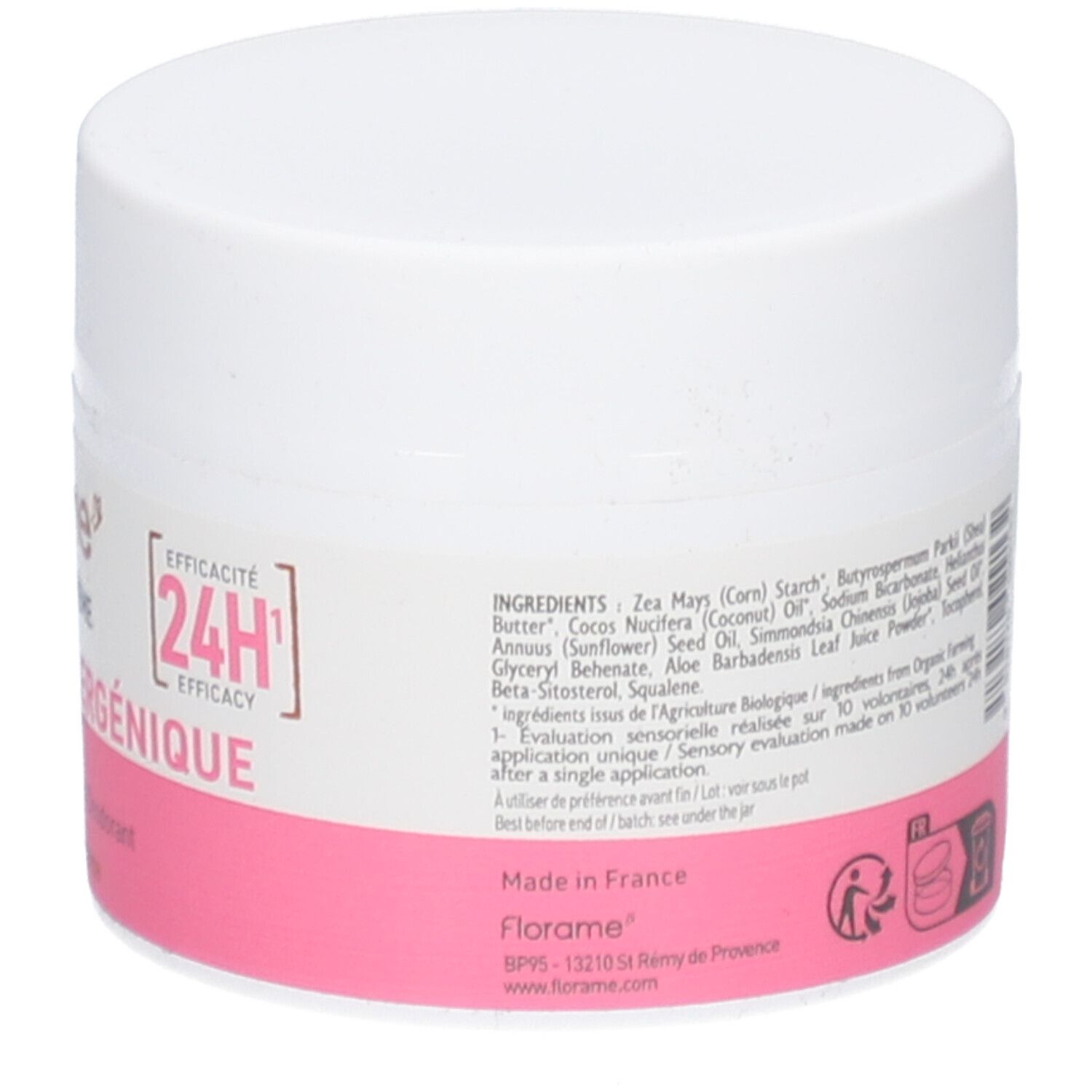 Witte pot met roze etiket. Opschrift: Ingrediënten, 24H werkzaamheid. Gemaakt in Frankrijk. Bio-certificering.