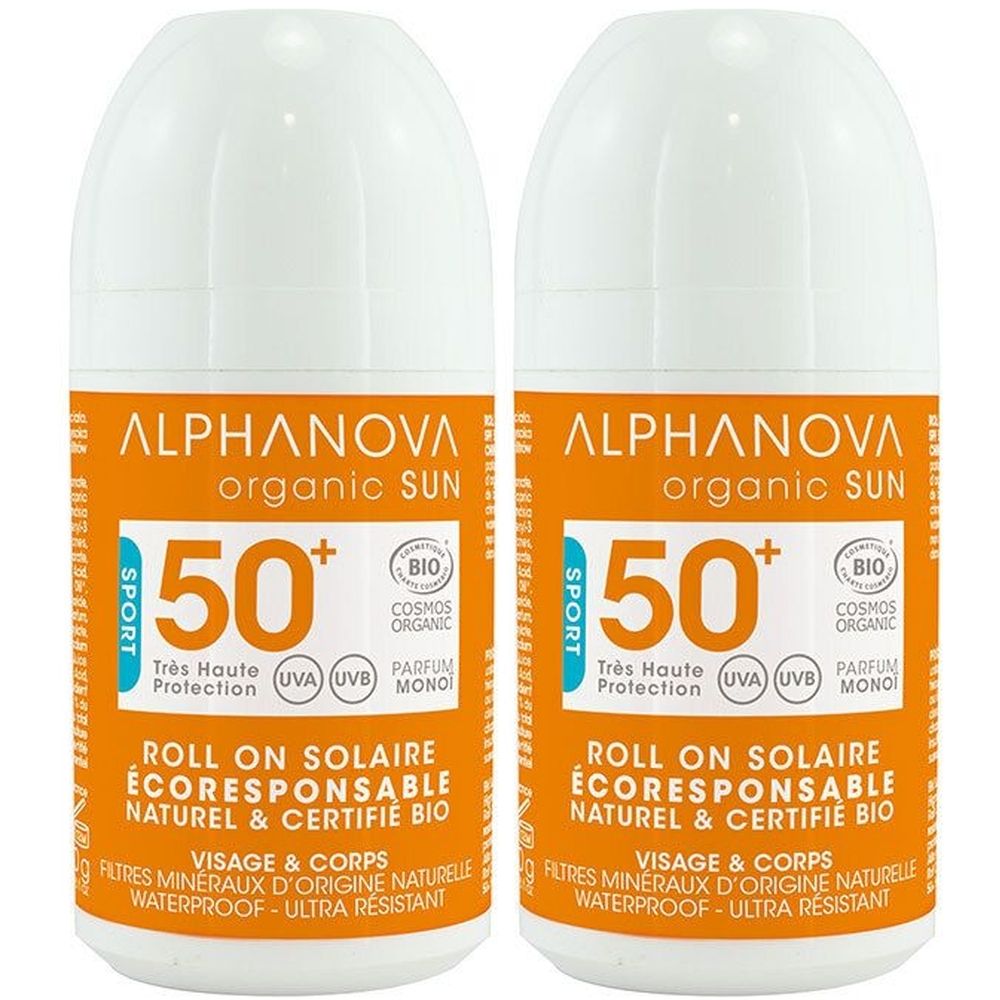 Twee witte roll-on zonnebrandcrèmes met oranje etiketten. Opschrift: Alphanova, organic SUN, 50+, BIO-certificering.