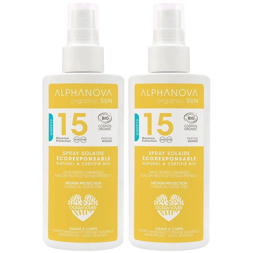 Deux flacons de spray solaire Alphanova. Étiquette jaune avec texte: 15, Spray Solaire Ecoresposable, certifié bio. Protection moyenne.