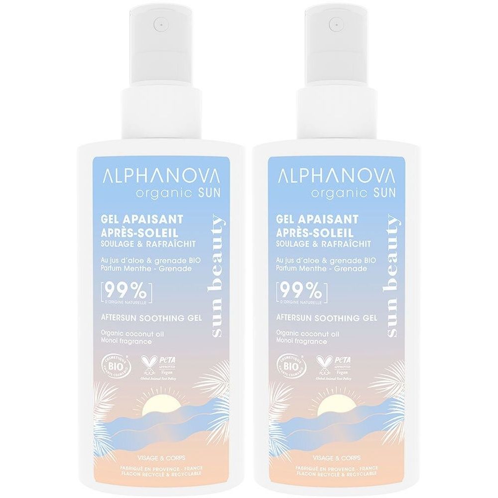 Twee witte flessen met spraykop. Opschrift: ALPHANOVA organic SUN, Aftersun gel, 99%.