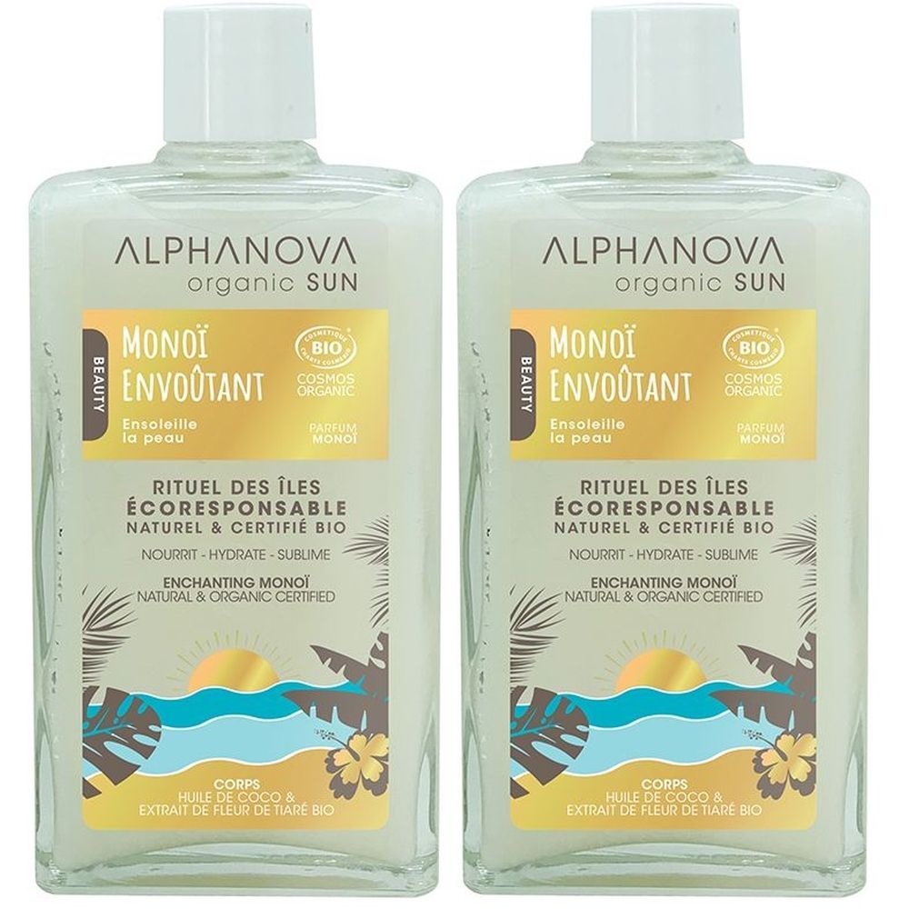 Twee transparante flessen met witte vloeistof. Labels met tekst: MONOÏ ENVOÛTANT, ALPHANOVA organic SUN, BIO-certificering.