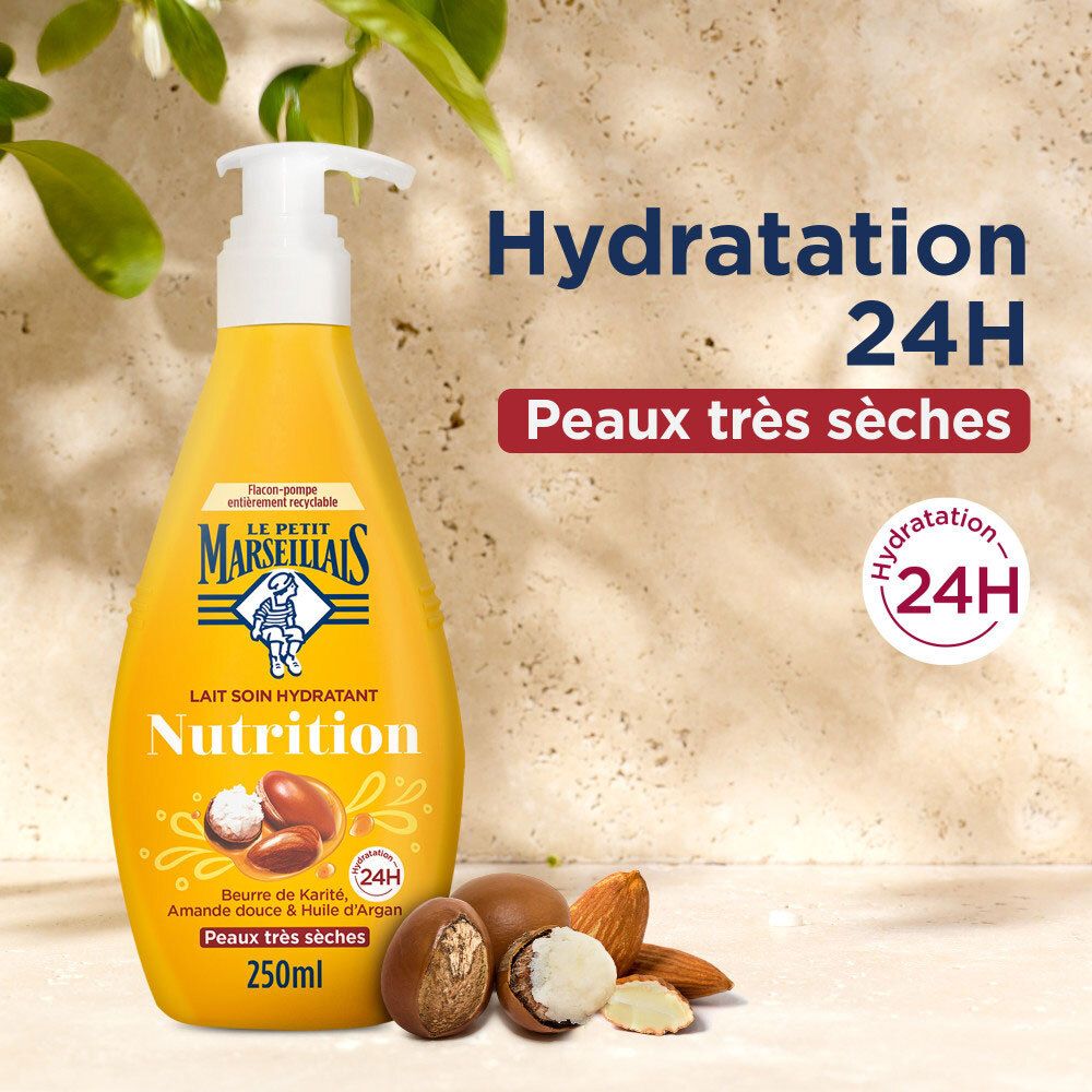 Flacon pompe jaune Le Petit Marseillais Lait Soin Nutrition. Hydratation 24h pour peaux très sèches.