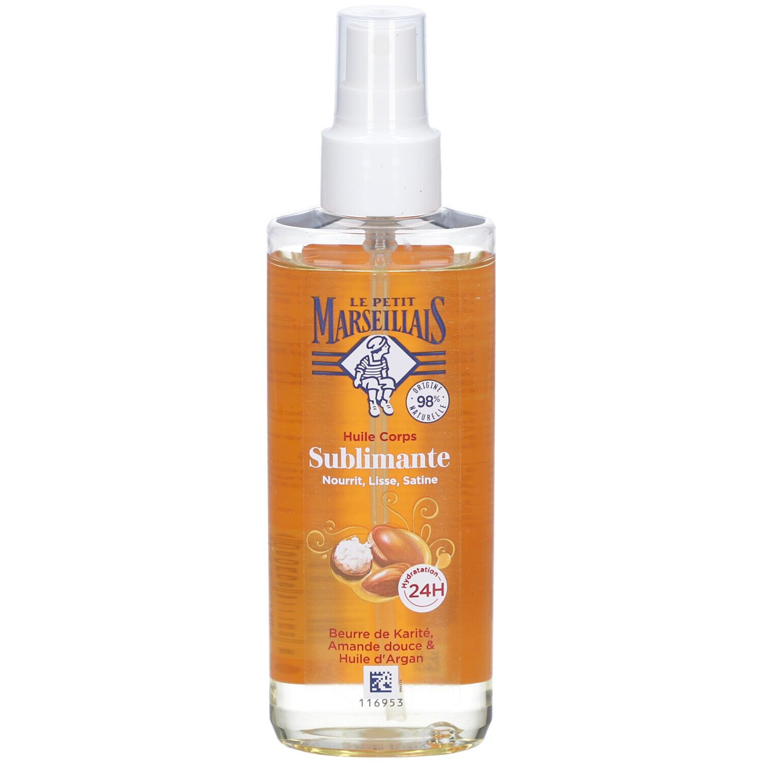 Sprayflesje lichaamsolie. Transparant glas, witte spraykop. Etiket met logo en productnaam.