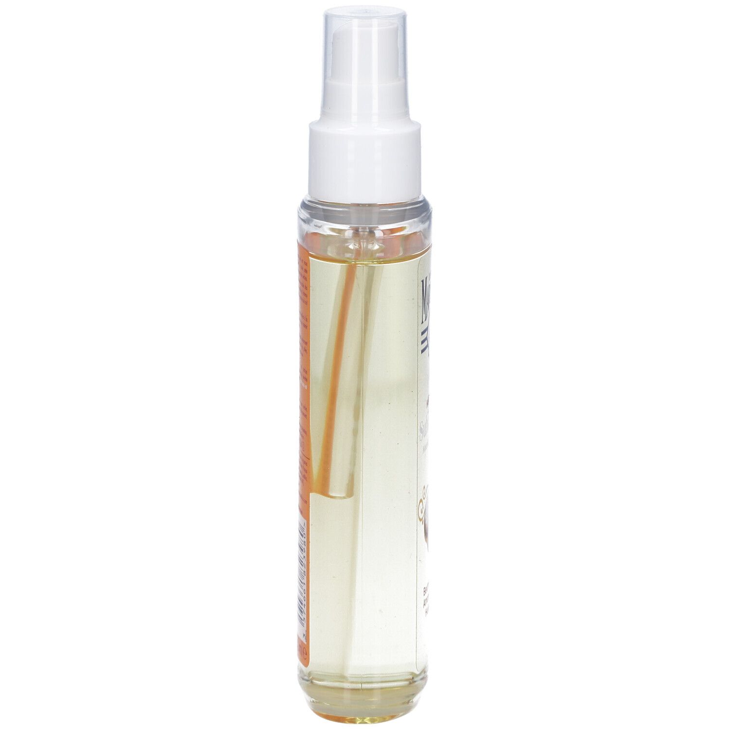 Sprayflesje lichaamsolie, zijaanzicht. Transparant glas met productinformatie op het etiket.