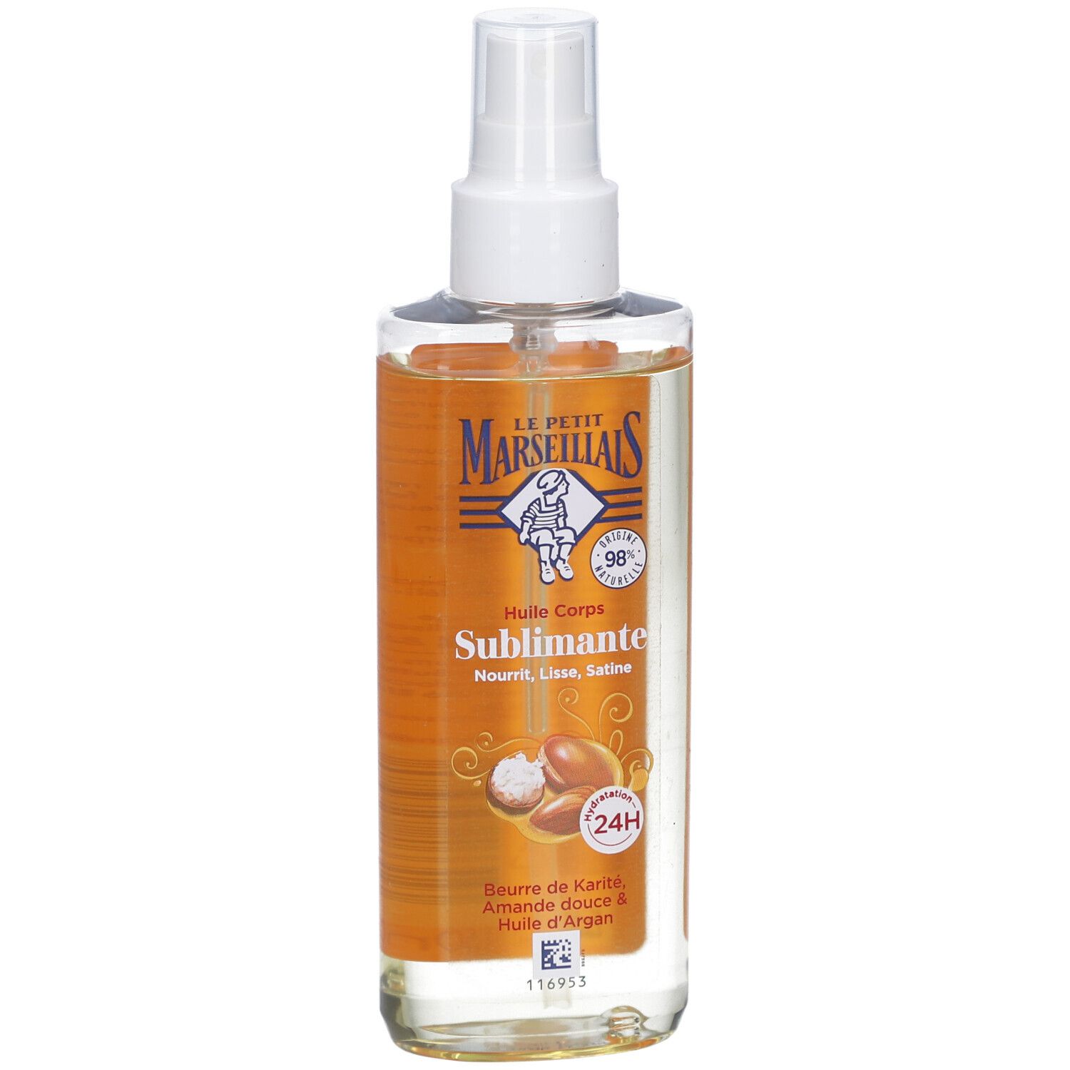 Sprayflesje lichaamsolie. Transparant glas, witte spraykop. Etiket met logo en productnaam.
