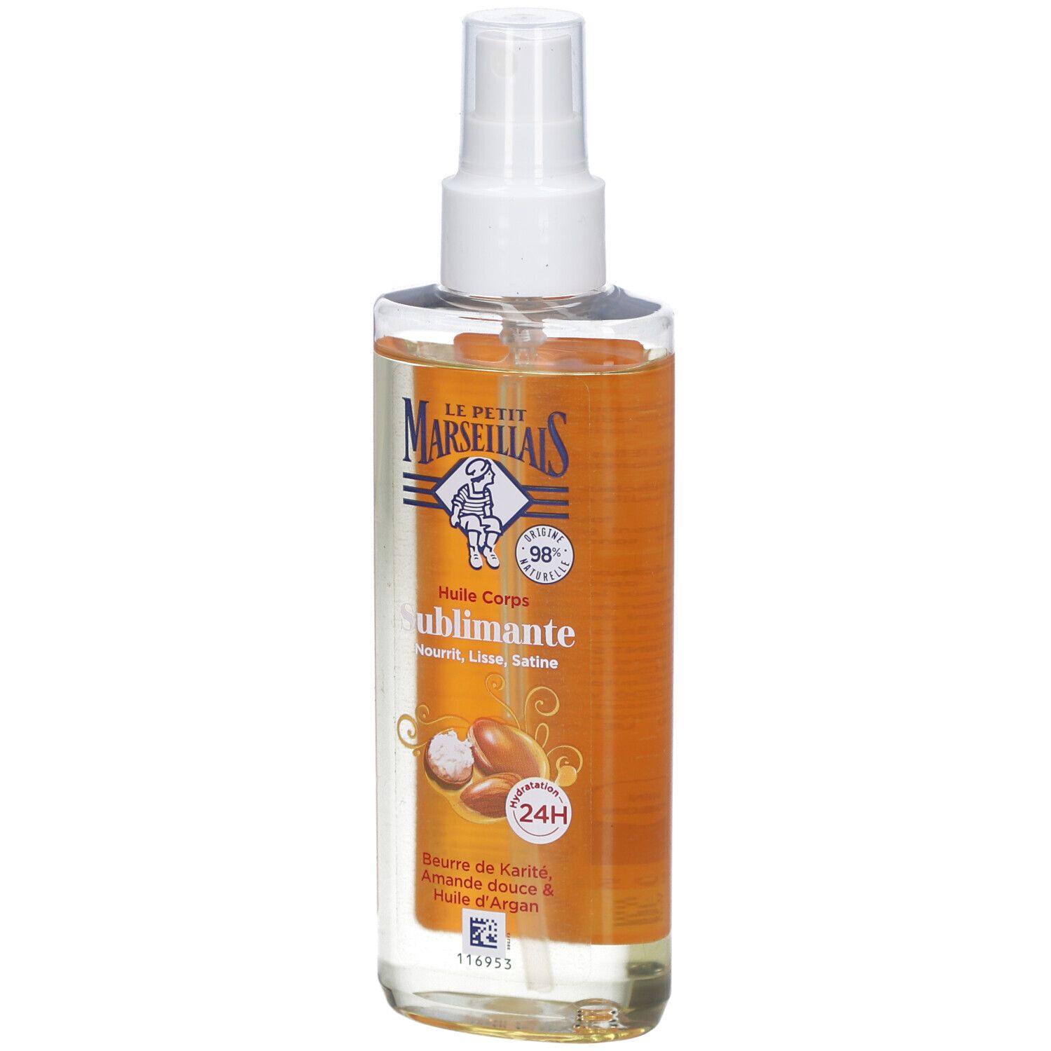 Sprayflesje lichaamsolie. Transparant glas, witte spraykop. Etiket met logo en productnaam.