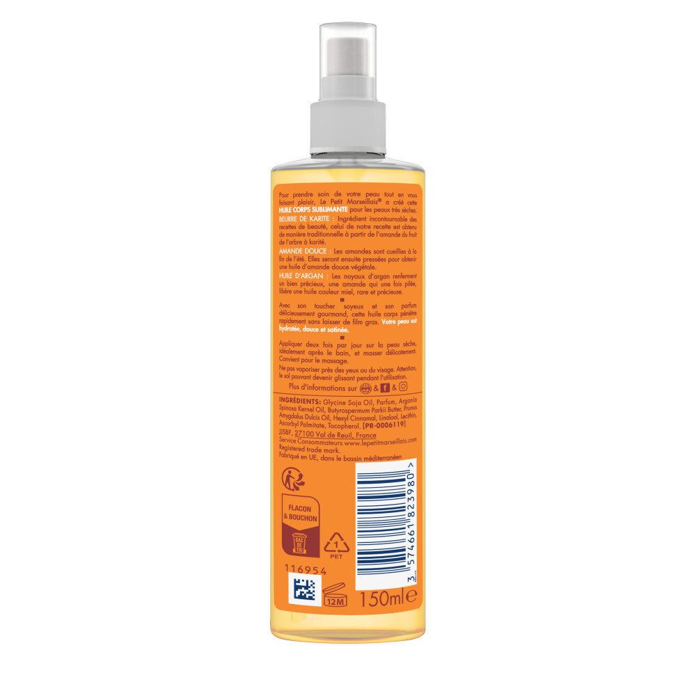 Achterkant van de Le Petit Marseillais lichaamsolie fles met ingrediënten en gebruiksaanwijzing.