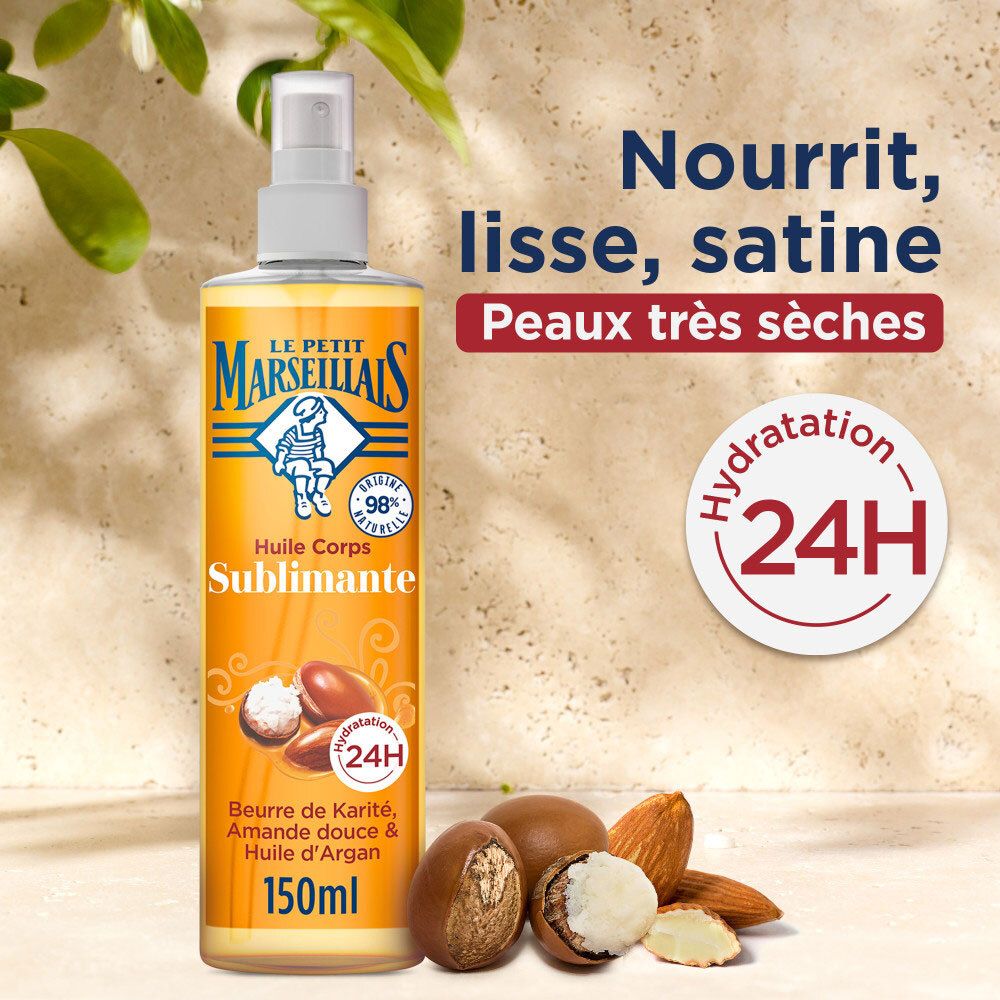 Le Petit Marseillais sublimerende lichaamsolie met karité, amandel en arganolie, 150ml, 24u hydratatie.