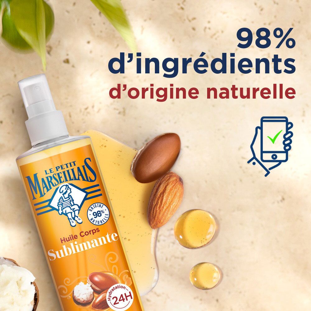 Le Petit Marseillais lichaamsolie, 98% natuurlijke ingrediënten, met karité, amandel, arganolie.