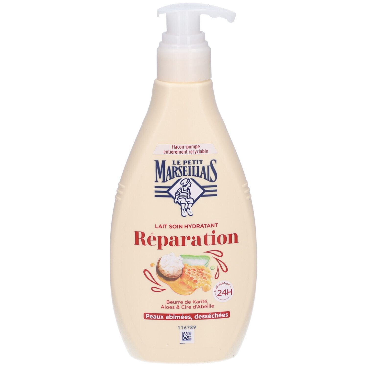 Beige fles met pomp. Opschrift: Le Petit Marseillais, Lait Soin Hydratant Réparation. Afgebeeld: Shea butter, Aloë Vera.