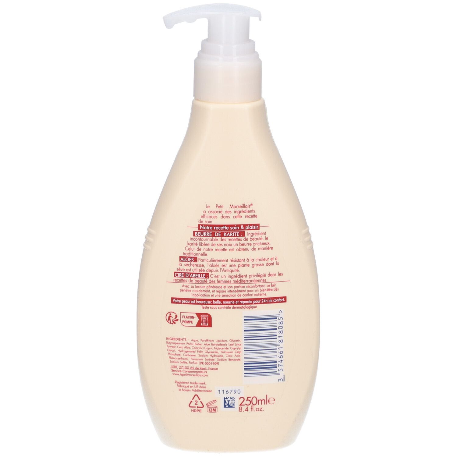 Achterkant van beige fles met pomp. Tekst en logo's. Opschrift: Le Petit Marseillais. Inhoud: 250ml.