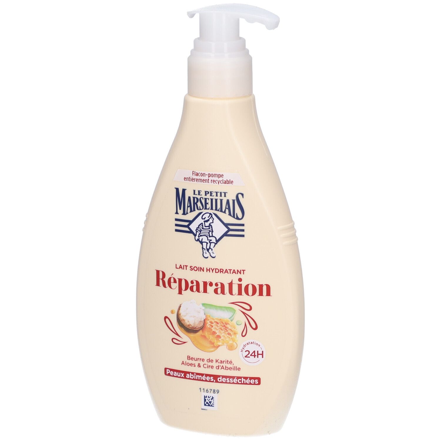 Beige fles met pomp. Opschrift: Le Petit Marseillais, Lait Soin Hydratant Réparation. Afgebeeld: Shea butter, Aloë Vera.