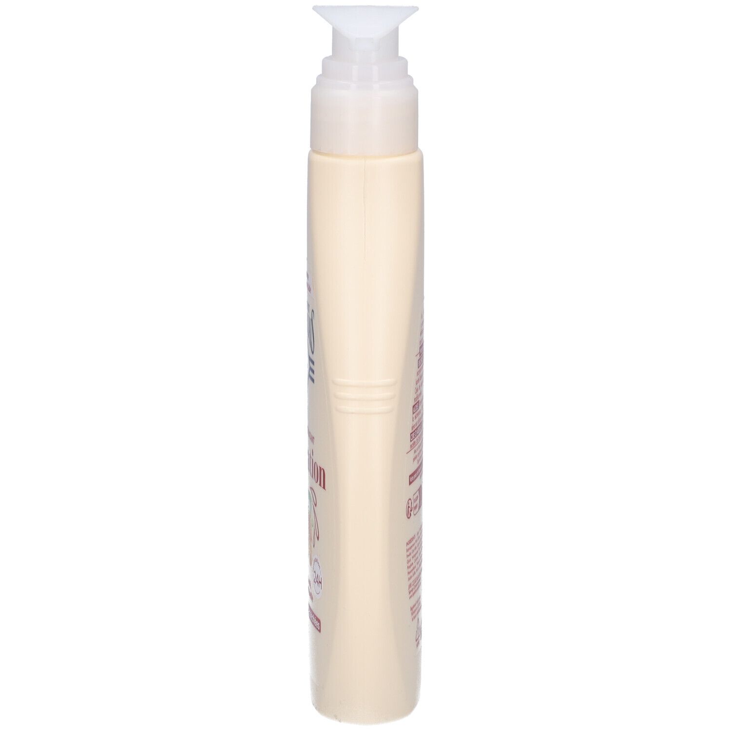 Beige fles met pomp, zijaanzicht. Opschriften en tekst. Cilindrische vorm.