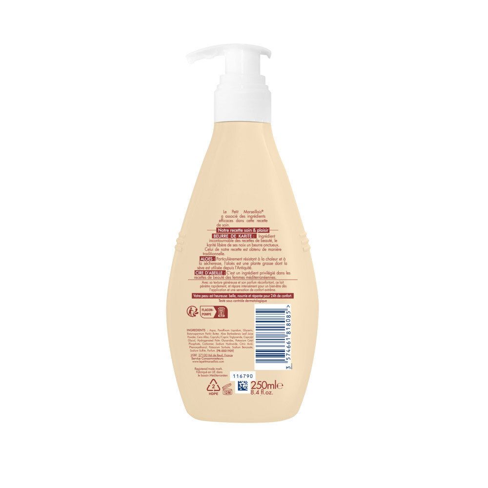Achterkant van een Le Petit Marseillais bodylotion fles met ingrediëntenlijst en barcode.