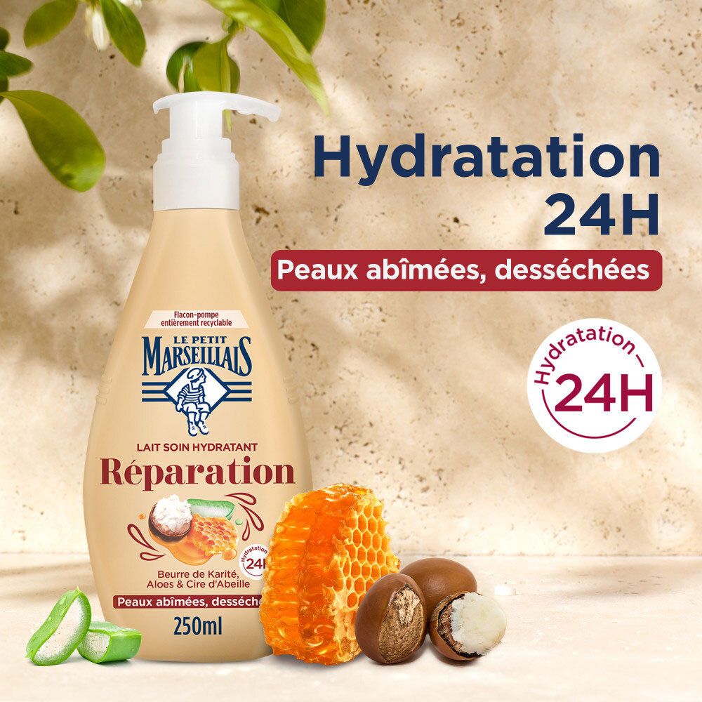 Le Petit Marseillais bodylotion, 24 uur hydratatie, met karité, aloë en bijenwas.