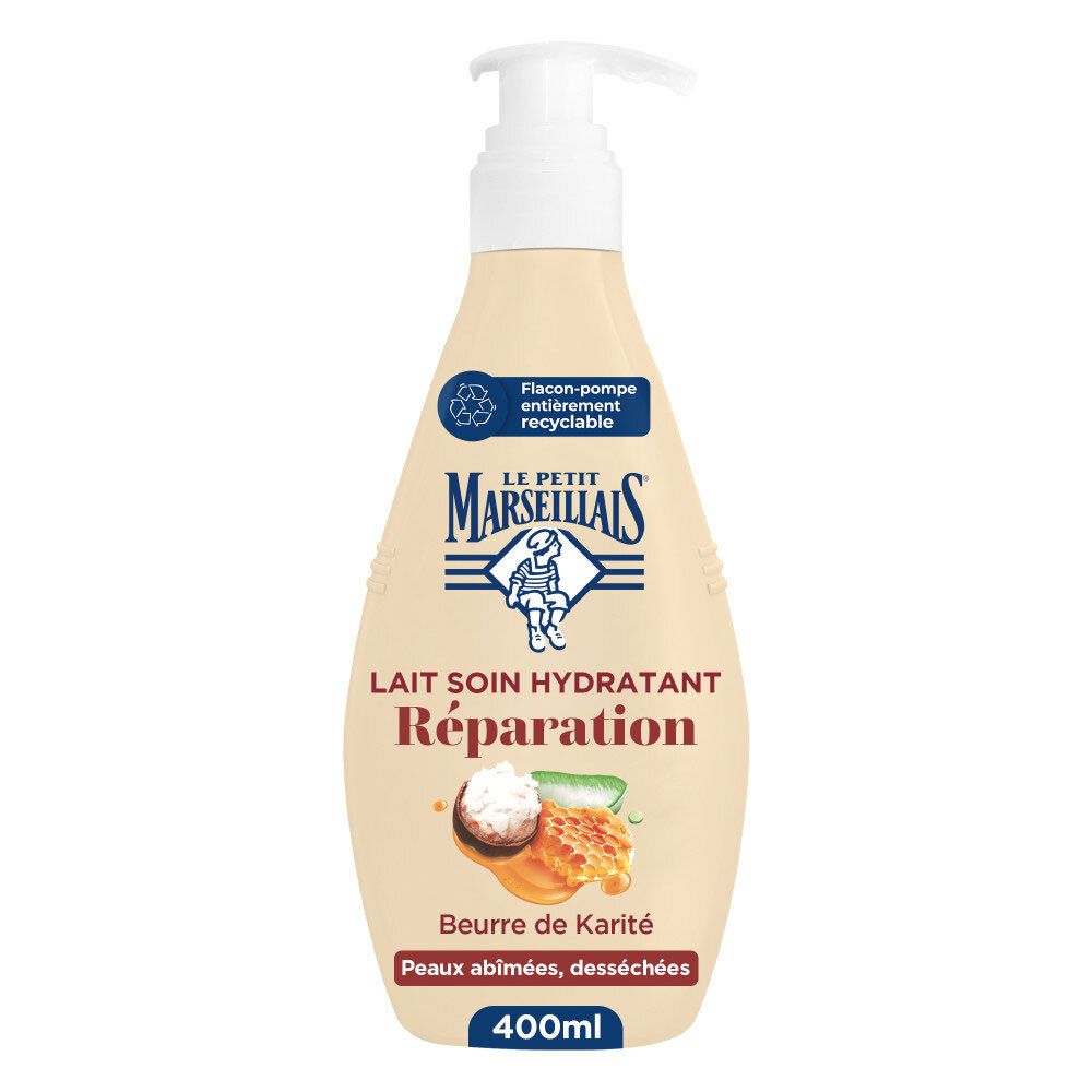 Beige fles met pompdispenser, Le Petit Marseillais Lait Soin Hydratant Réparation, 400ml.