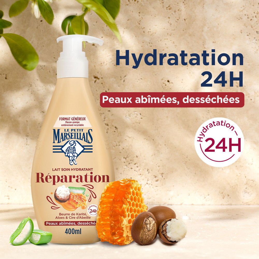 Beige fles met pompdispenser, Le Petit Marseillais Lait Soin Hydratant Réparation, 400ml, met aloë vera, karité en bijenwas.