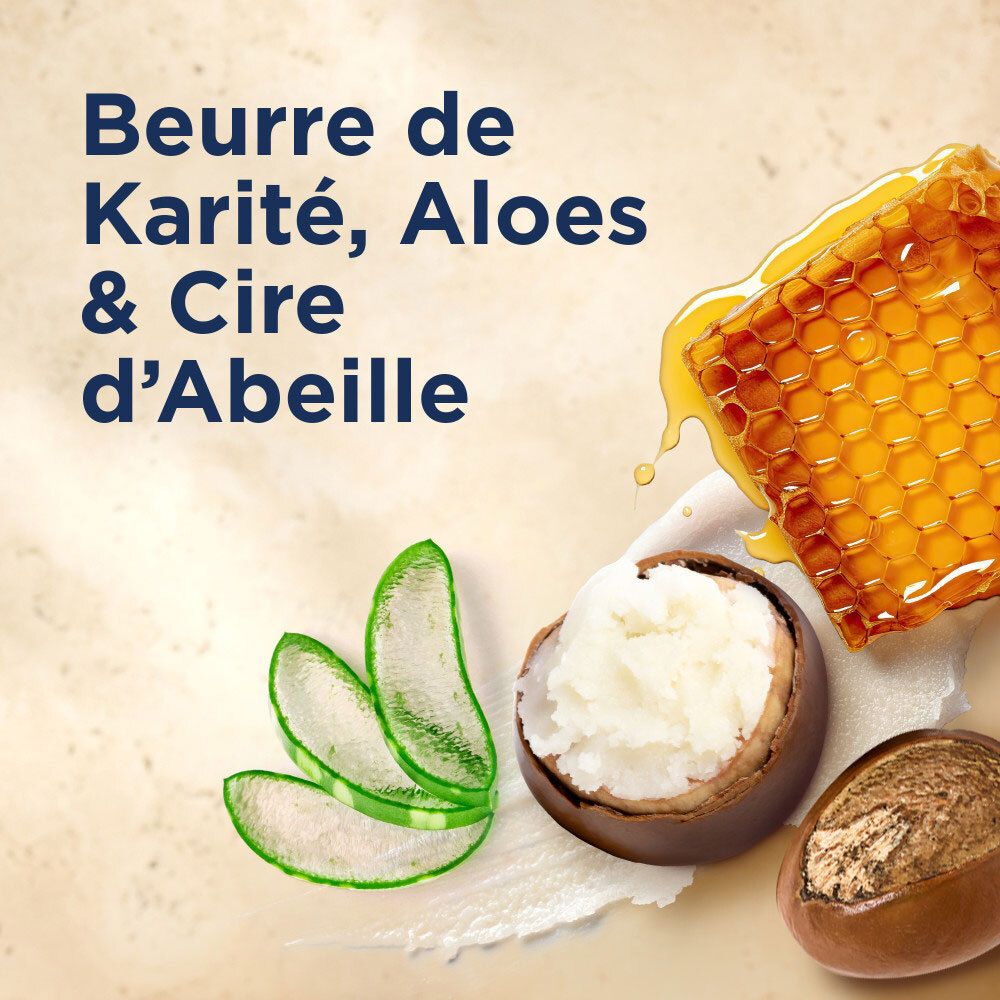 Ingrediënten: Karitéboter, aloë vera en bijenwas, met honingraat en kariténoot.