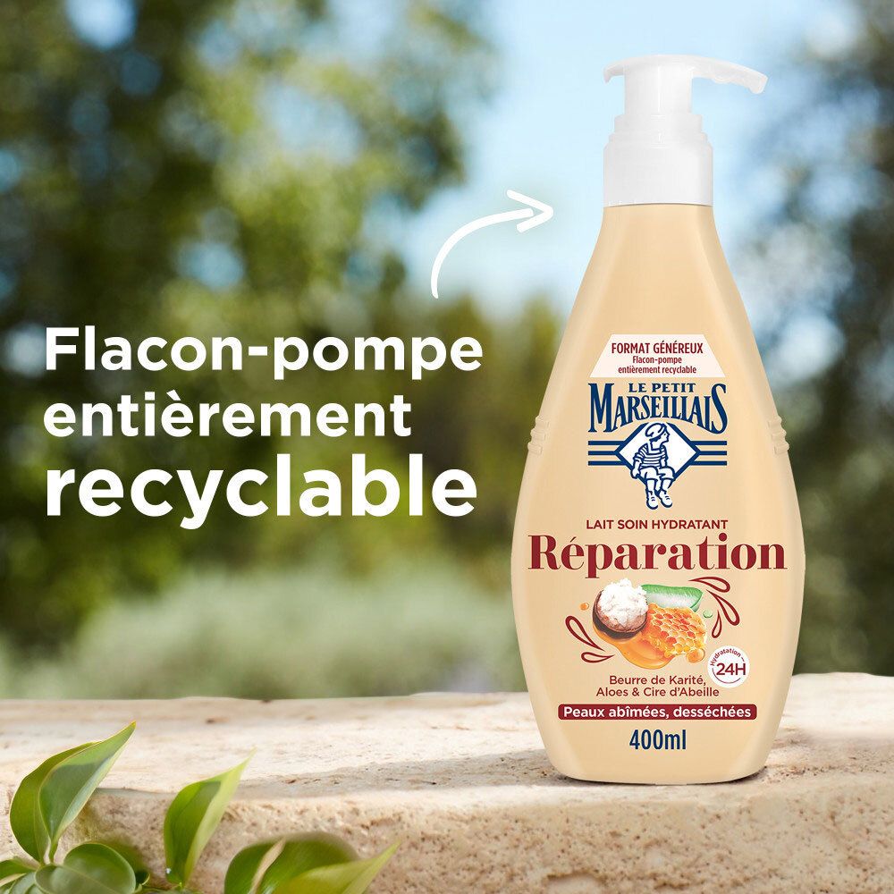 Beige fles met pompdispenser, Le Petit Marseillais Lait Soin Hydratant Réparation, 400ml. Tekst: Fles-pomp volledig recyclebaar.