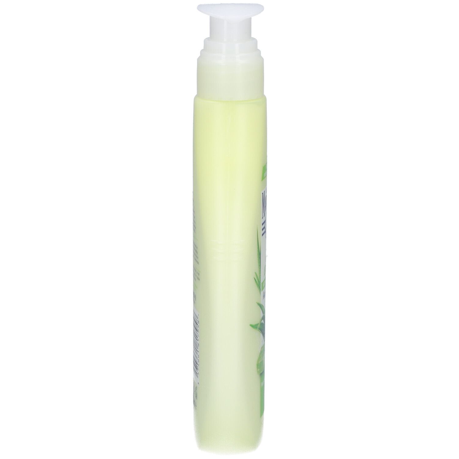 Groene fles met pomp, zijaanzicht. Opschrift gedeeltelijk zichtbaar.