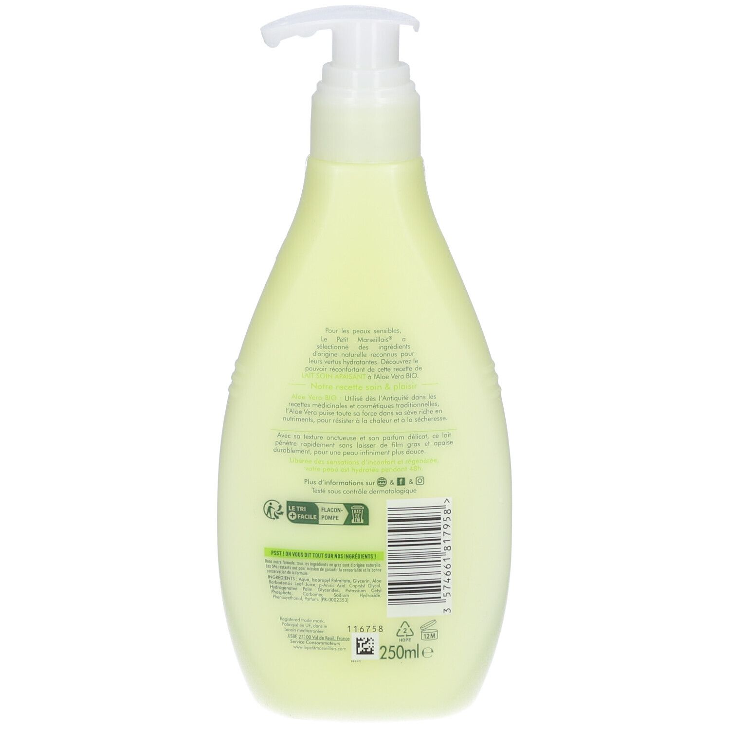 Achterkant van een groene fles met pomp. Tekst en logo's zichtbaar.