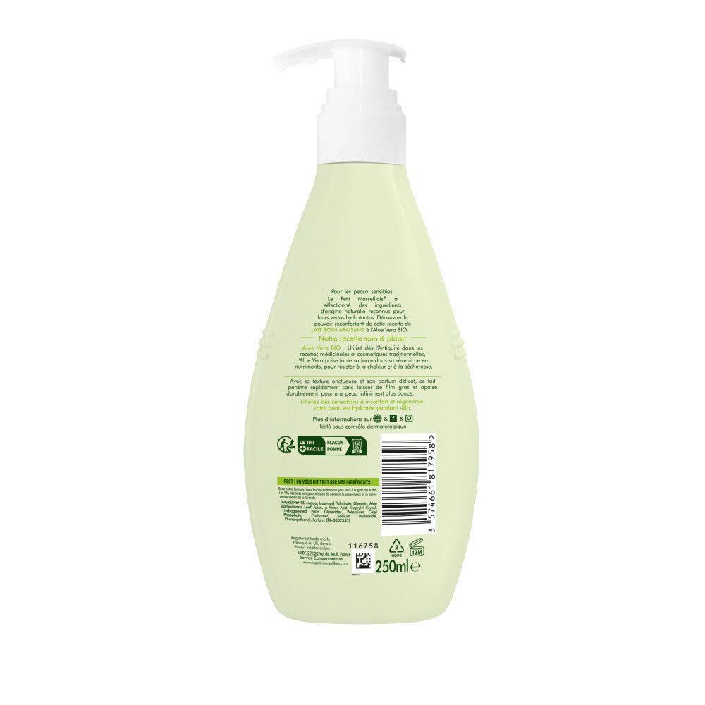 Arrière du flacon de lait soin Le Petit Marseillais, avec ingrédients et code-barres.