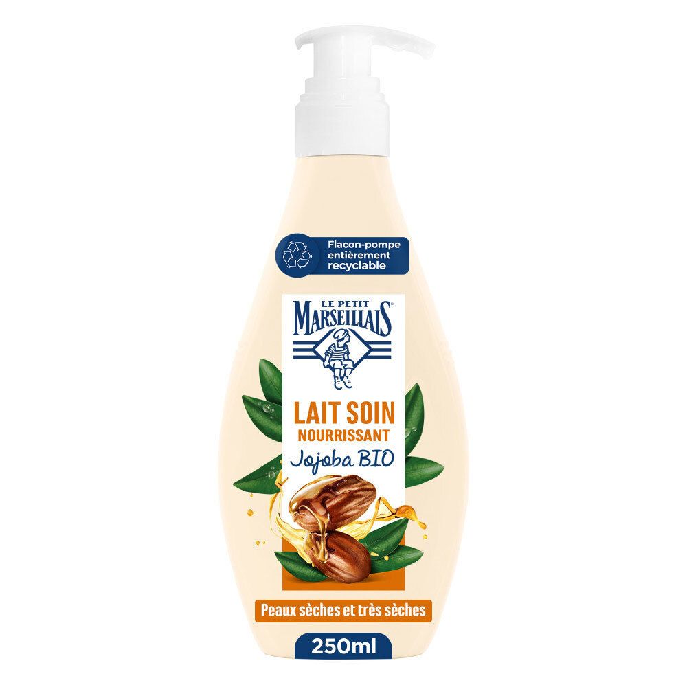 Flacon pompe Le Petit Marseillais Lait Soin Nourrissant Jojoba BIO pour peaux sèches.