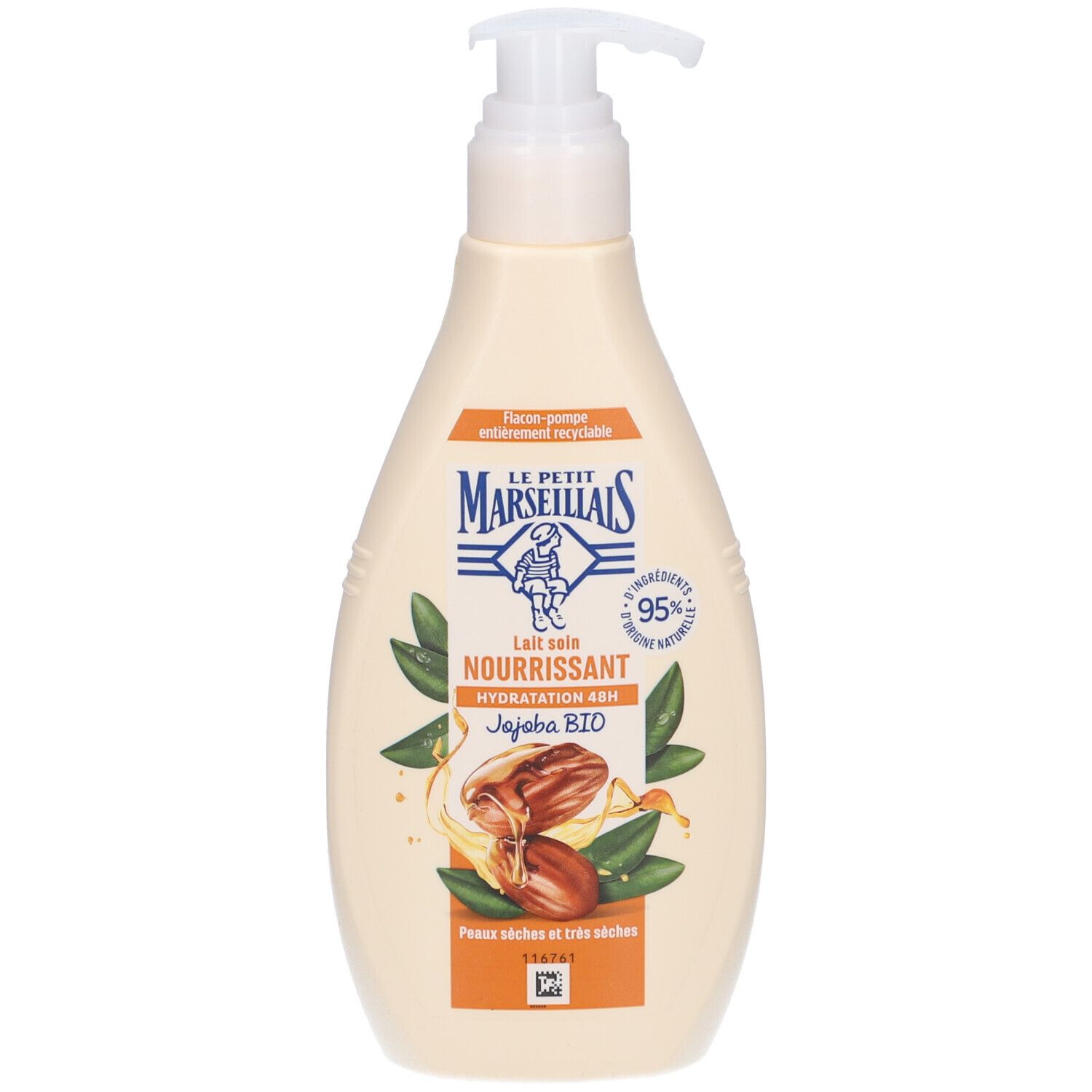 Flacon pompe LE PETIT MARSEILLAIS, Lait Soin Nourrissant, Jojoba BIO. 95% ingrédients naturels. Pour peaux sèches et très sèches.