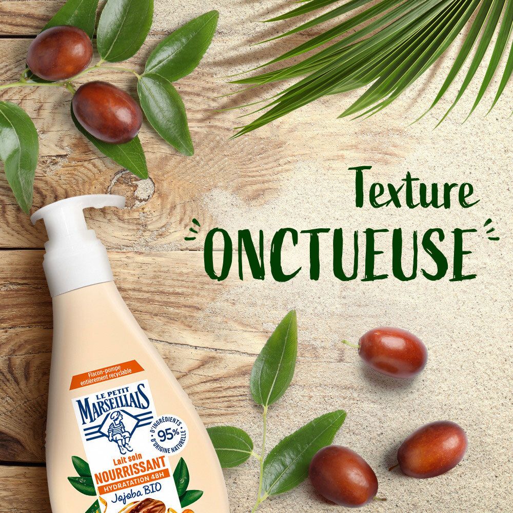 Flacon Le Petit Marseillais Lait de soin Jojoba avec inscription 'Texture onctueuse'.
