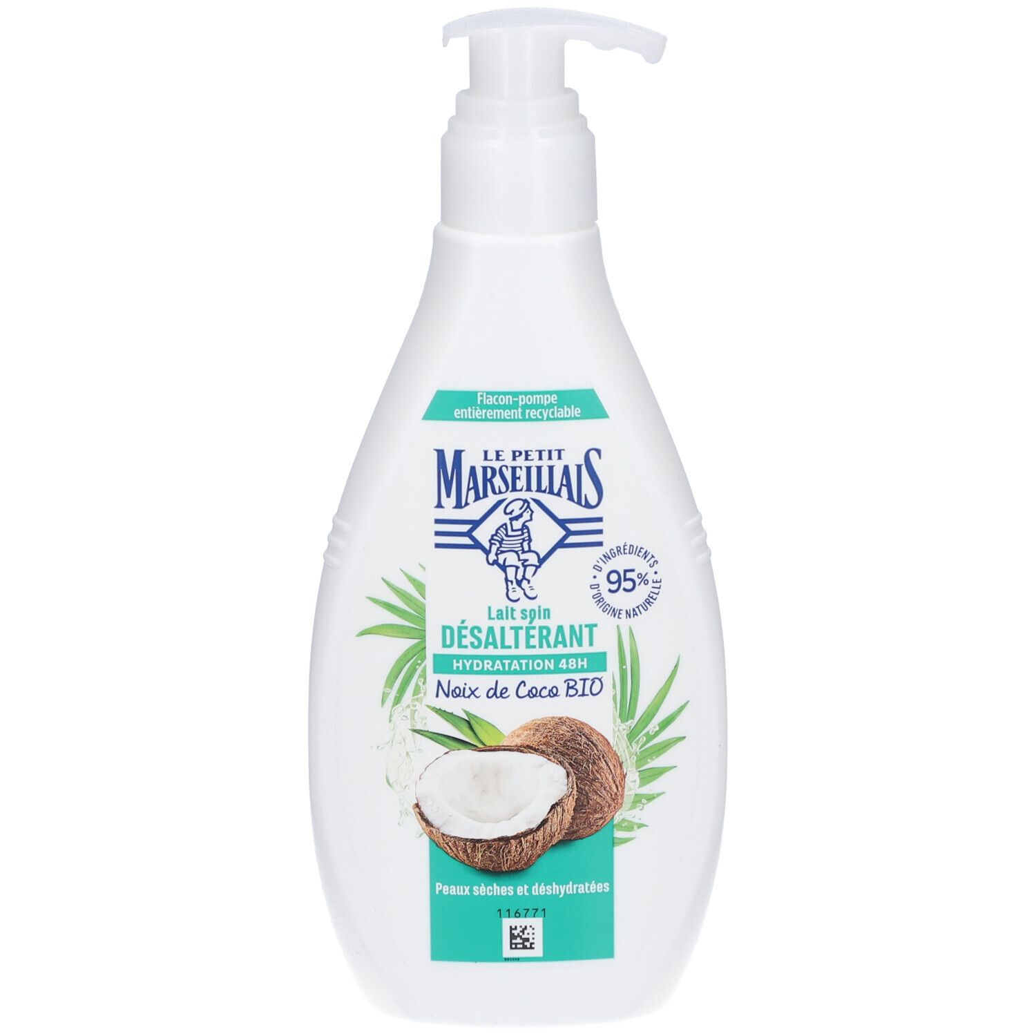 Flacon blanc avec pompe. Inscription: LE PETIT MARSEILLAIS, Lait soin désaltérant, Noix de Coco BIO. Illustration de noix de coco.