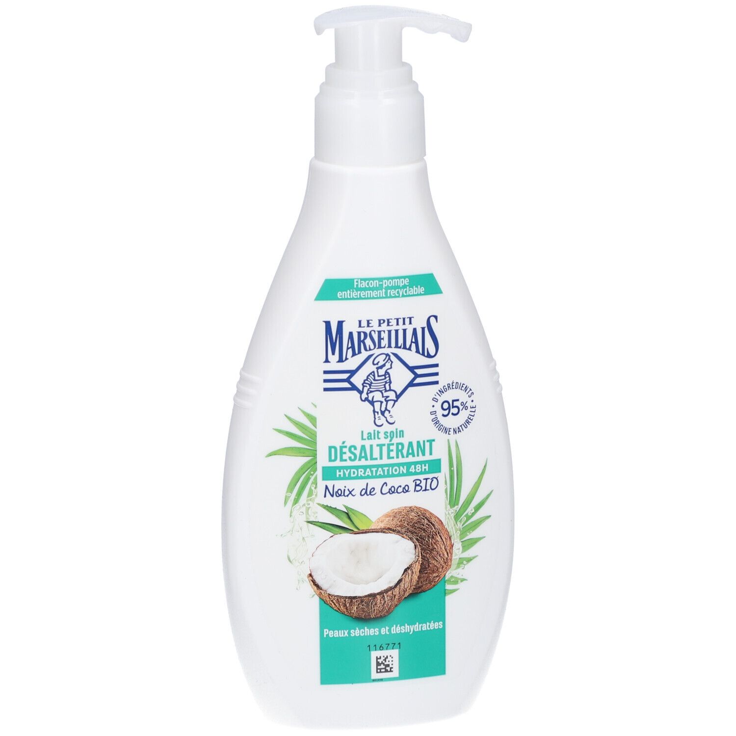 Flacon blanc avec pompe. Inscription: LE PETIT MARSEILLAIS, Lait soin désaltérant, Noix de Coco BIO. Illustration de noix de coco.