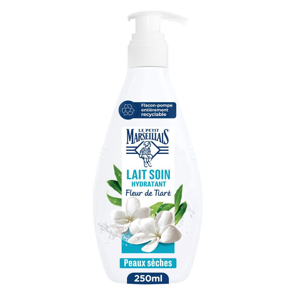 Flacon pompe blanc motif fleur de tiaré, 250ml.