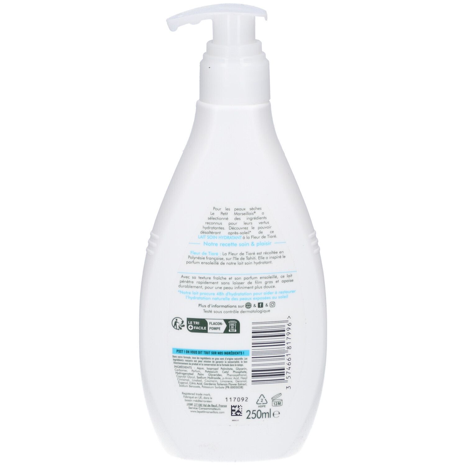 Achterkant van een witte fles met pomp. Tekst en logo's.