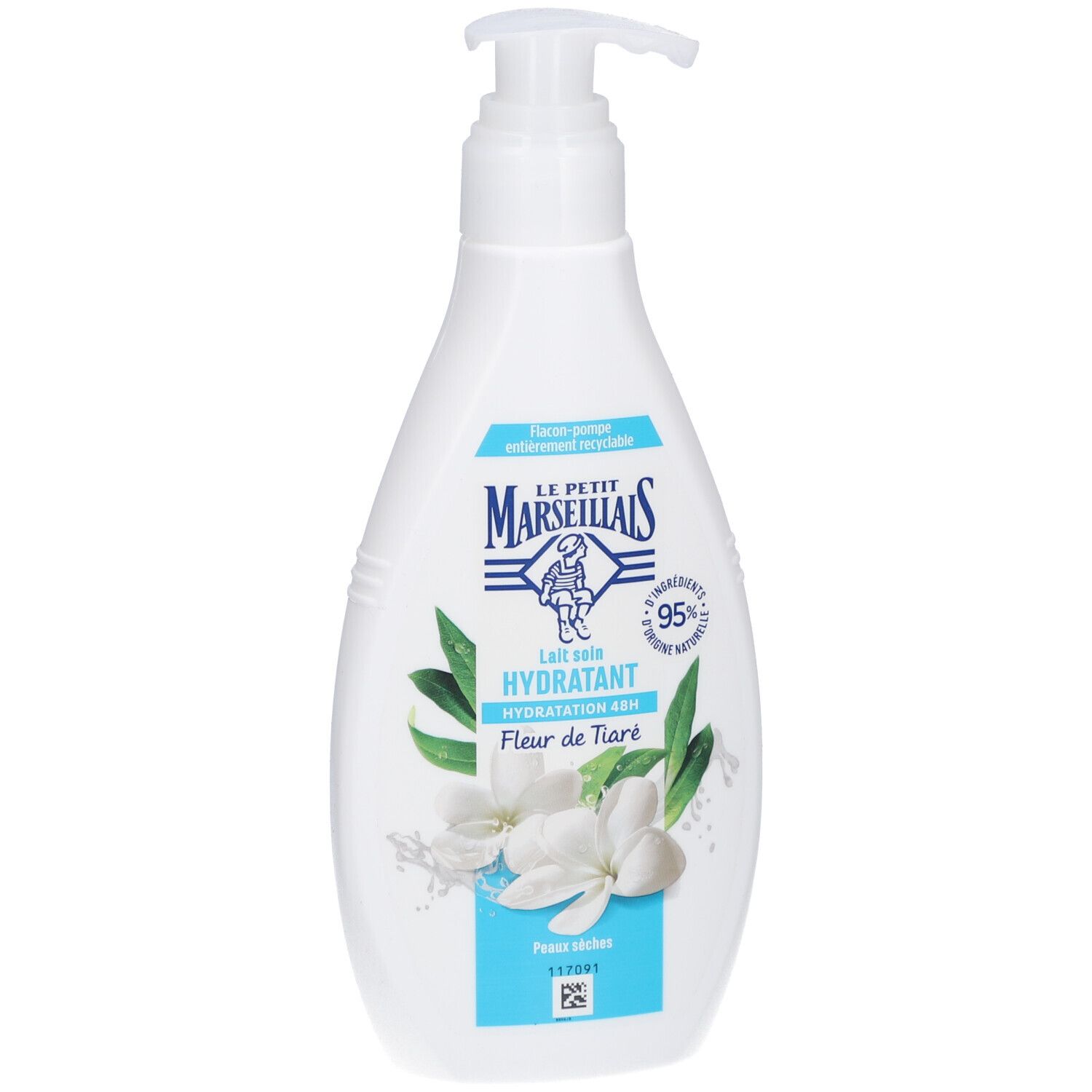 Witte fles met pomp. Opschrift: LE PETIT MARSEILLAIS, Lait Soin Hydratant, Fleur de Tiaré. 95% ingrediënten van natuurlijke oorsprong.