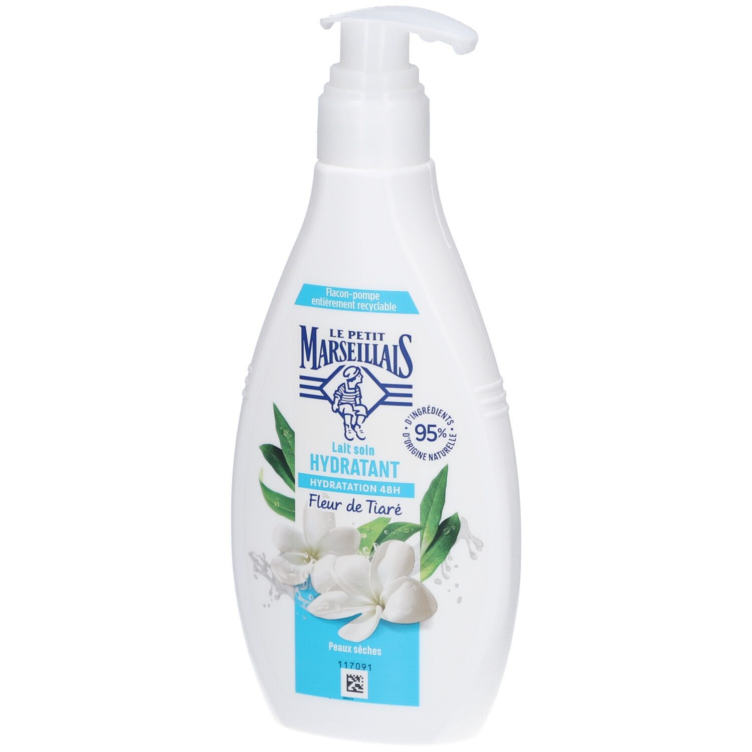 Witte fles met pomp. Opschrift: LE PETIT MARSEILLAIS, Lait Soin Hydratant, Fleur de Tiaré. 95% ingrediënten van natuurlijke oorsprong.
