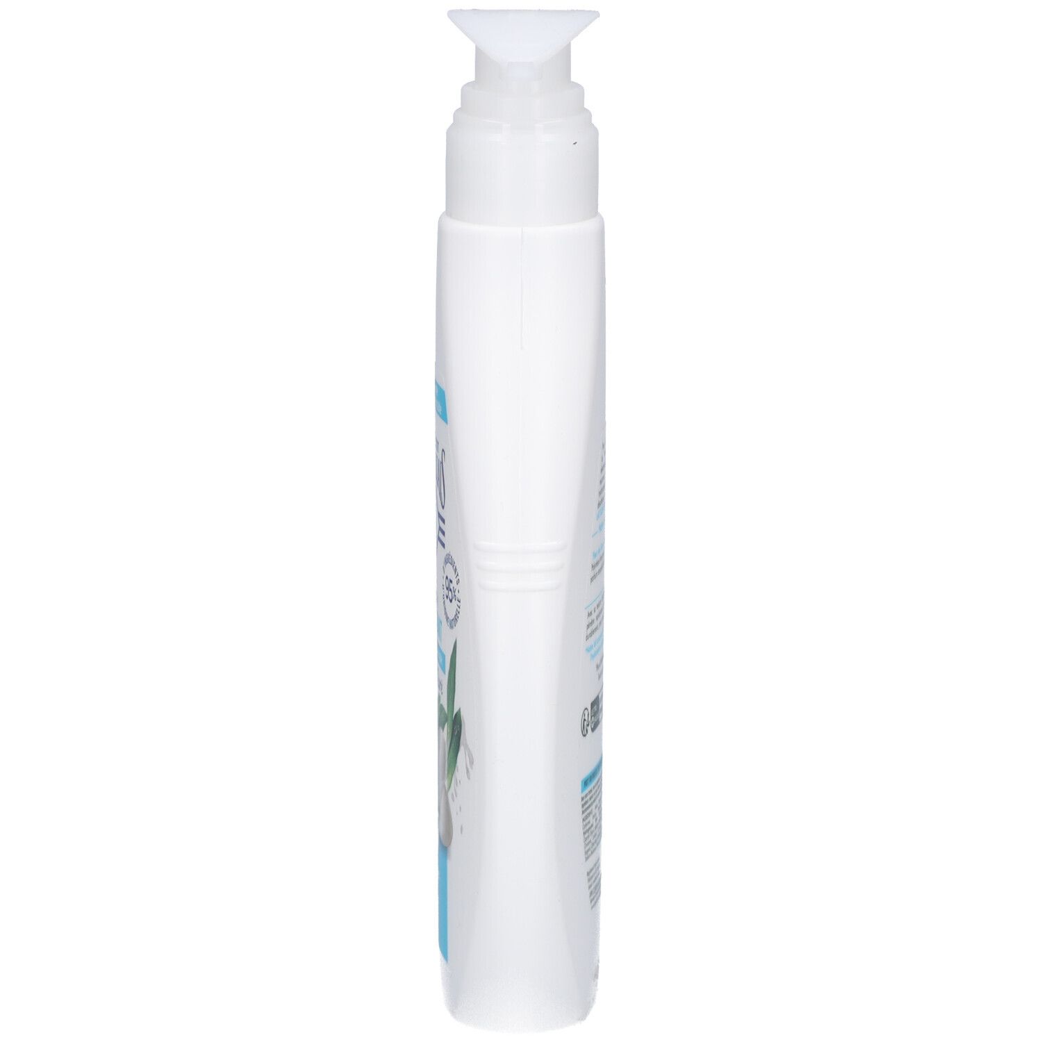 Witte fles met pomp, zijaanzicht. Opschriften en illustraties.