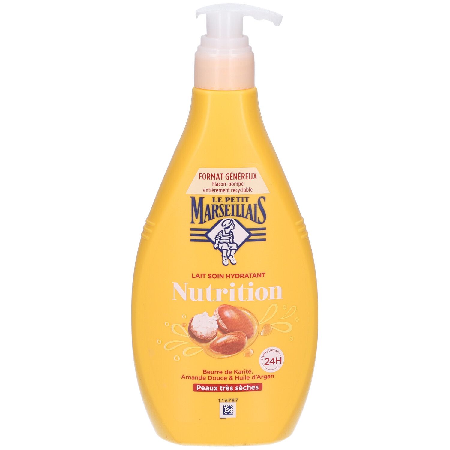 Gele fles met pomp. Opschrift: Lait Soin Hydratant Nutrition. Bevat Shea Butter, zoete amandel en arganolie.