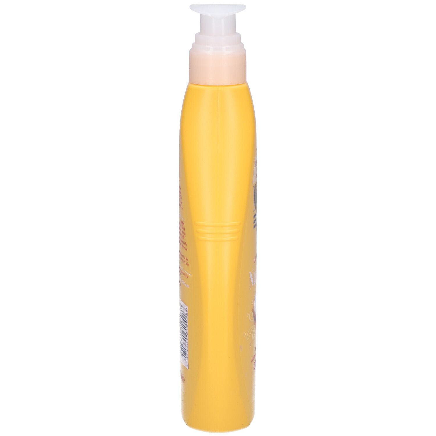 Gele fles met pomp, zijaanzicht. Tekst op de fles.