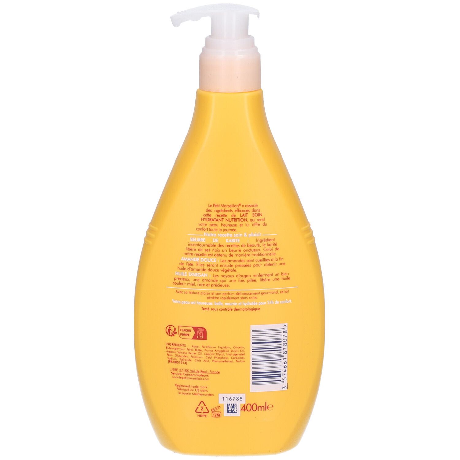 Achterkant van een gele fles met pomp. Tekst en logo's.