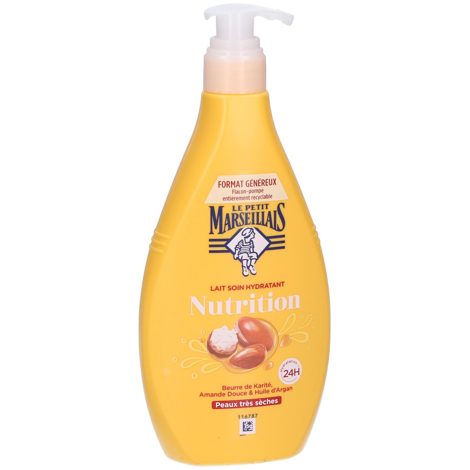 Gele fles met pomp. Opschrift: Lait Soin Hydratant Nutrition. Bevat Shea Butter, zoete amandel en arganolie.
