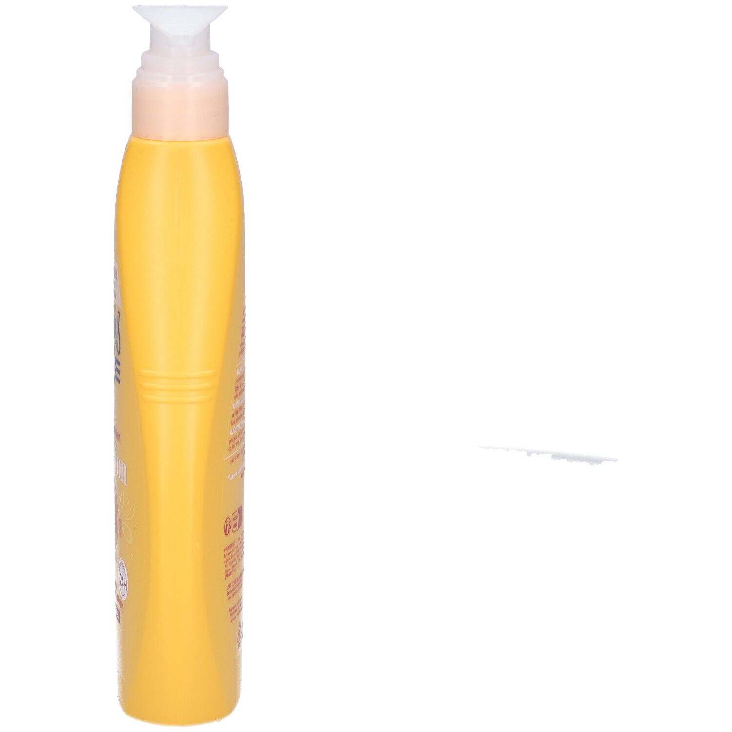 Gele fles met pomp, zijaanzicht. Tekst op de fles.