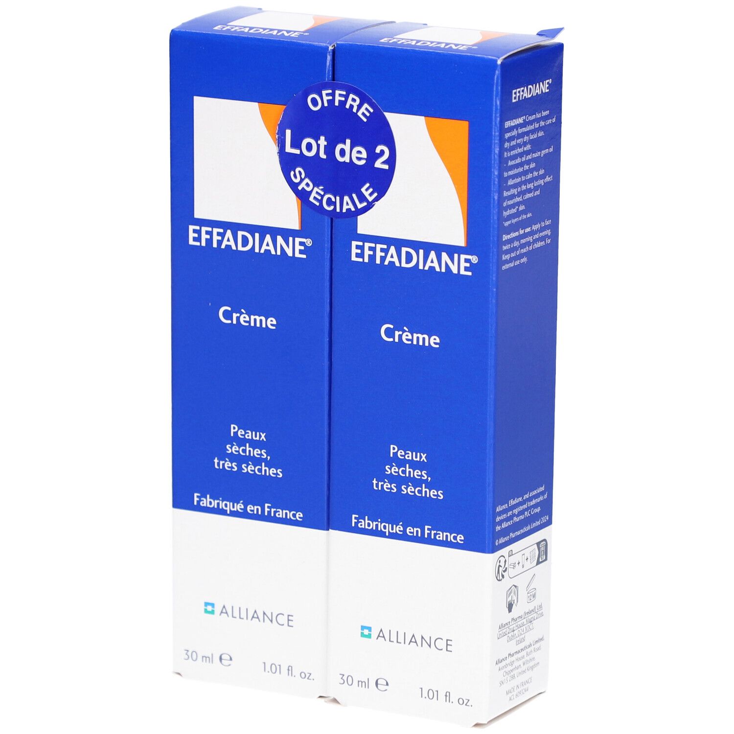 Deux boîtes bleues "EFFADIANE Crème". Texte: "Peaux sèches, très sèches". "Lot de 2". Fabriqué en France. 30 ml.