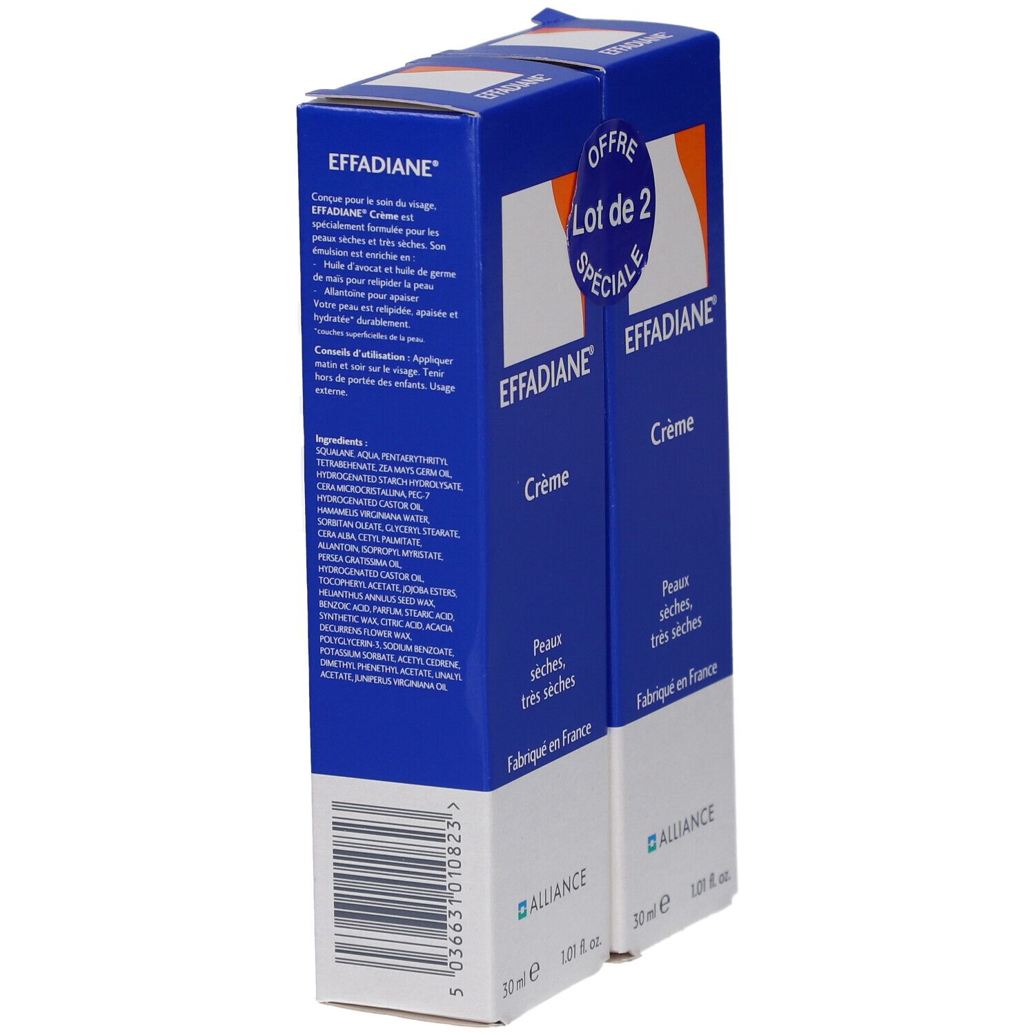 Deux boîtes bleues "EFFADIANE Crème". Texte: "Peaux sèches, très sèches". "Lot de 2". Fabriqué en France. 30 ml. Arrière avec texte.