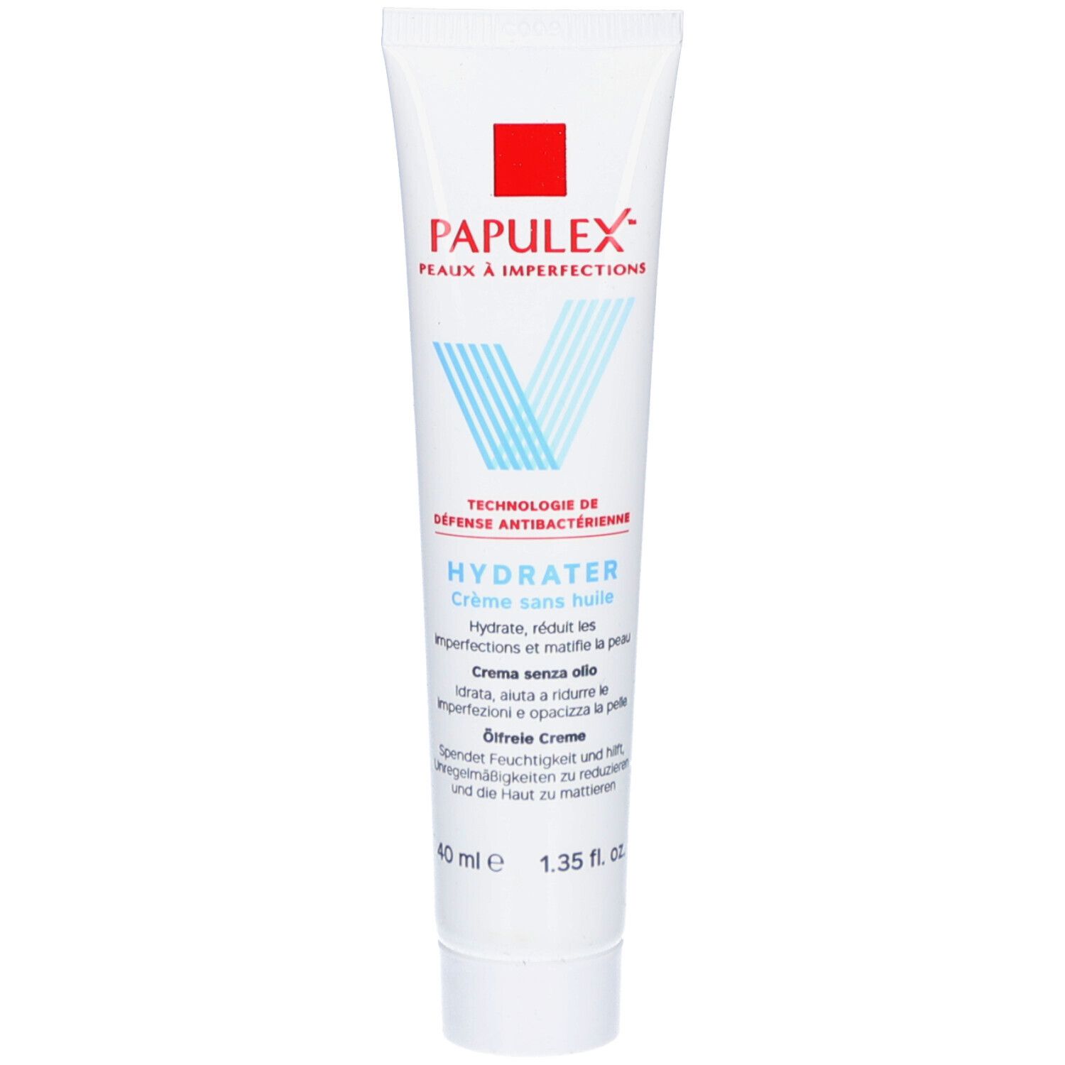 Witte tube met rood vierkant en blauwe tekst. HYDRATER Crème sans huile. 40 ml. 1.35 fl. oz.