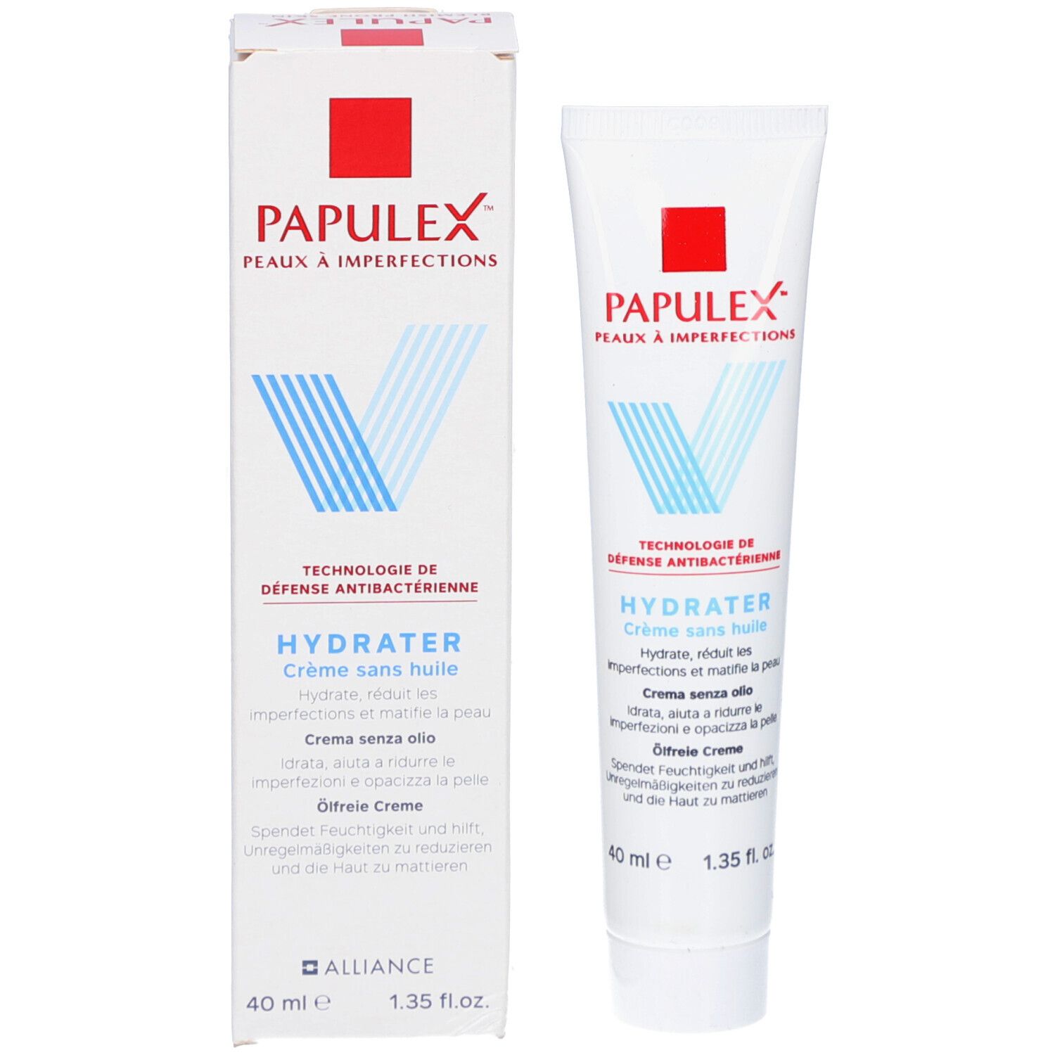 Productverpakking: tube en doos. Tube: wit, rood, blauw. Doos: wit, rood, blauw. Tekst: HYDRATER Crème sans huile.