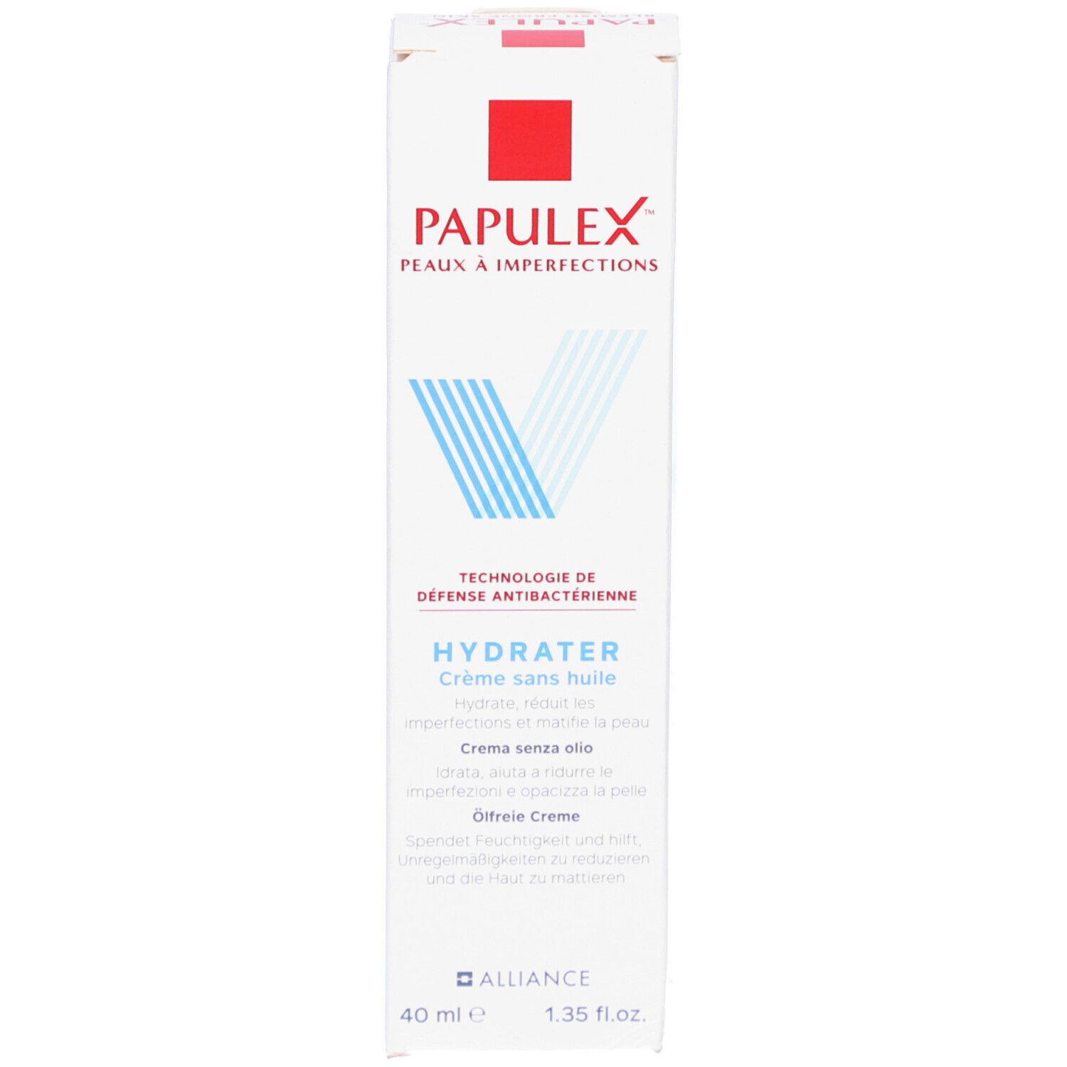 Witte doos met rood vierkant en blauwe tekst. HYDRATER Crème sans huile. 40 ml. 1.35 fl. oz.