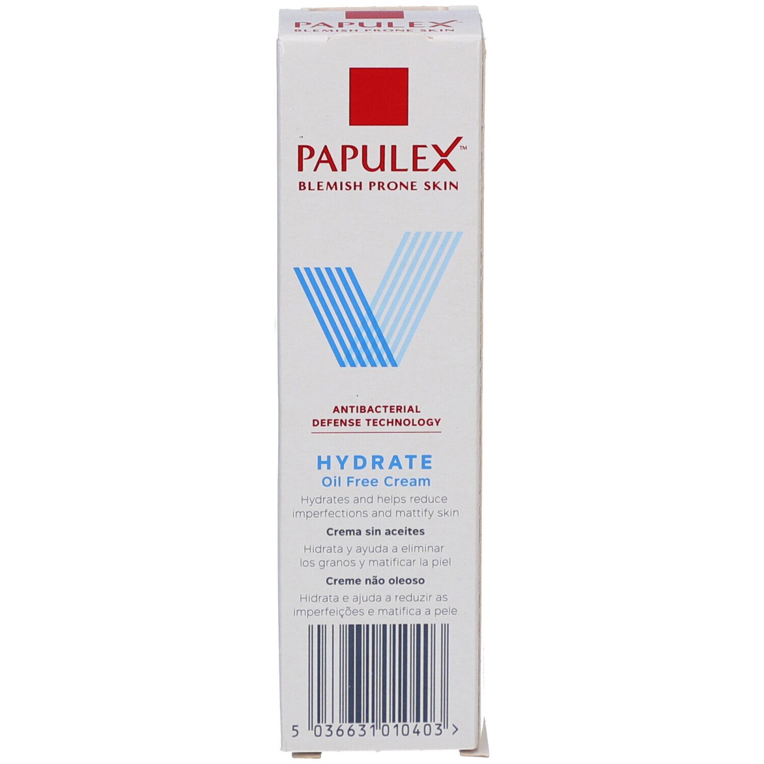 Doos, voorkant. Wit, rood, blauw. Tekst: HYDRATE Oil Free Cream. Antibacterial Defense Technology.