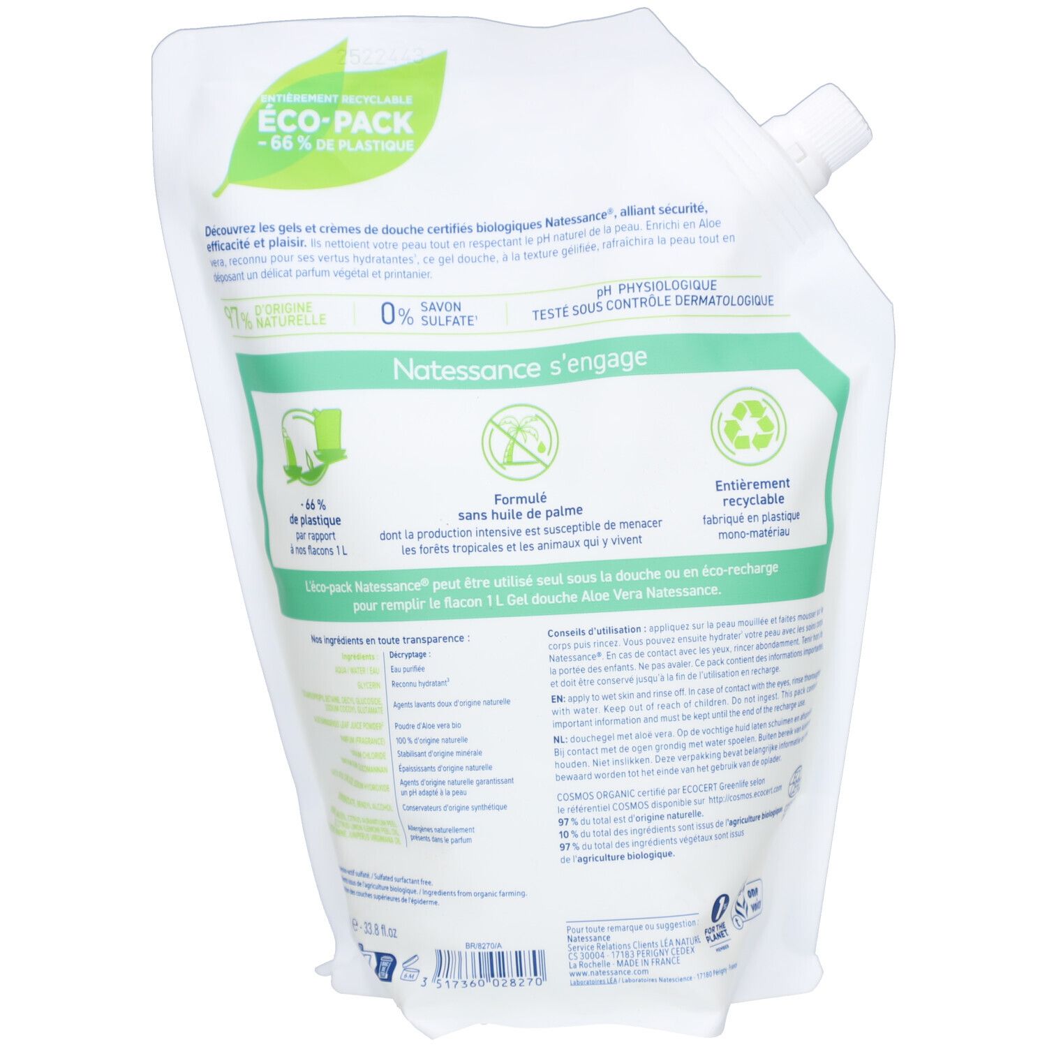 Achterkant van de witte zak. Tekst: Natessance, Eco-Pack, 97% natuurlijk, 0% sulfaten, pH-fysiologisch, recyclebaar, zonder palmolie.